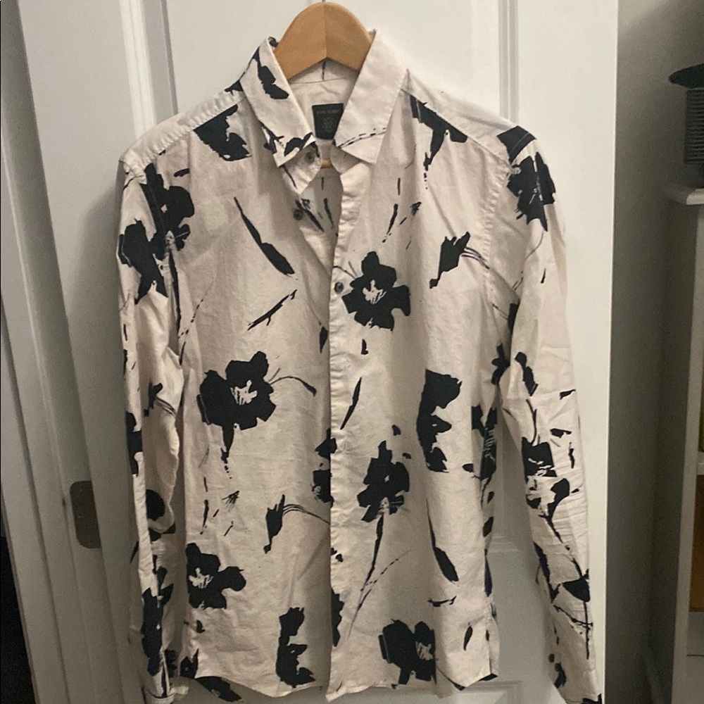Black and White Casual Button Down Shirt with Floral Pattern